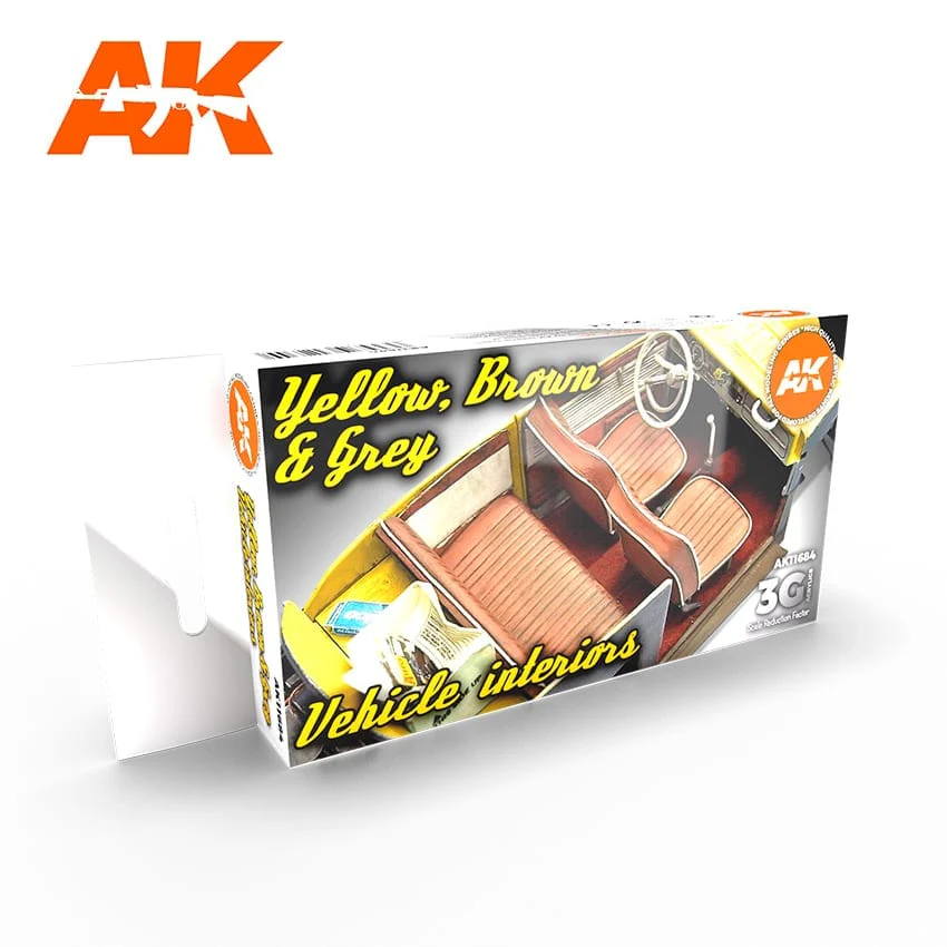 AK Interactive 3rd Gen Acrylics Paint set - Yellow, Brown & Grey Vehicle Interiors